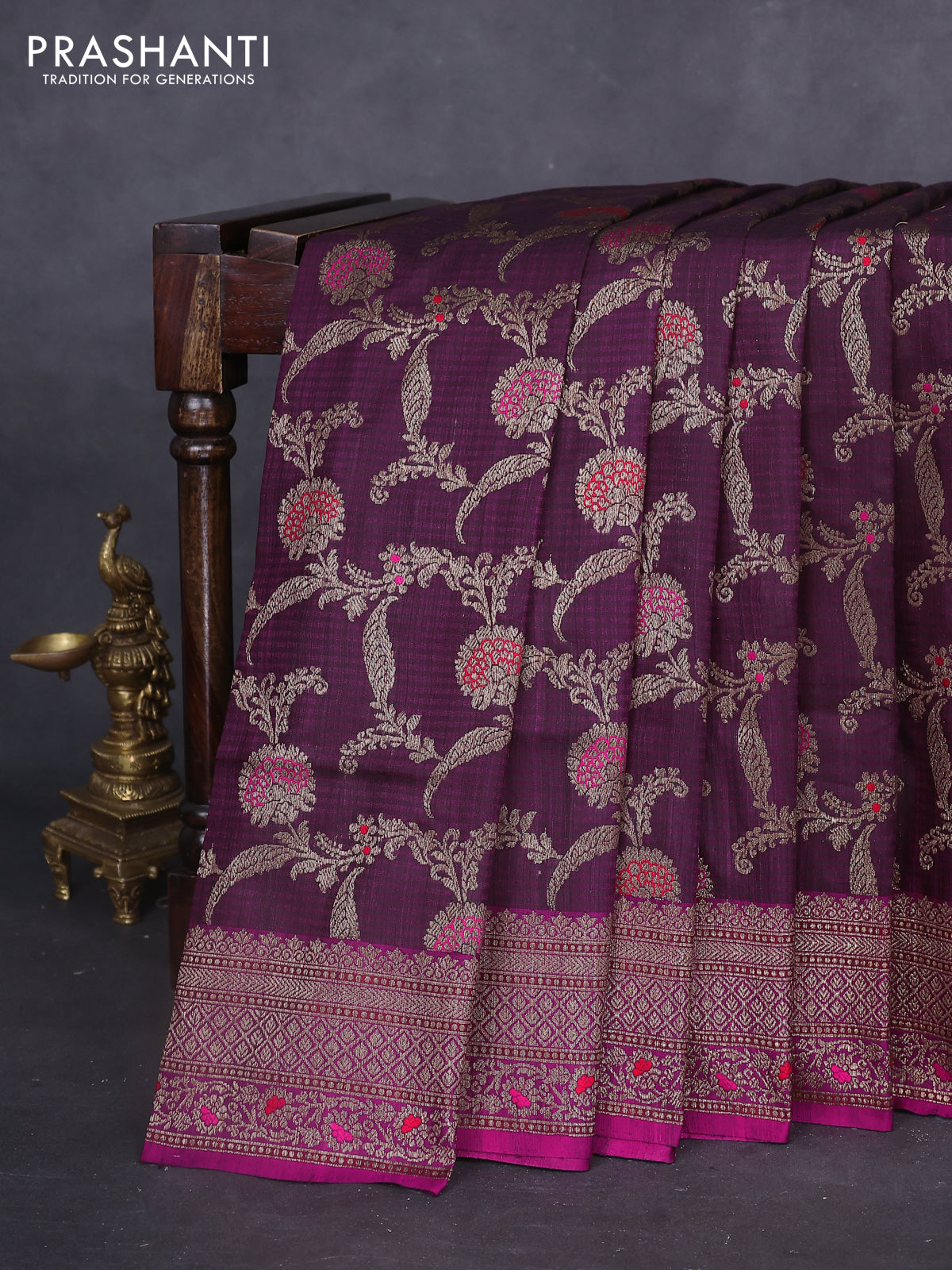 Banarasi dupion silk saree wine shade and magenta pink with allover thread & zari floral weaves and woven border