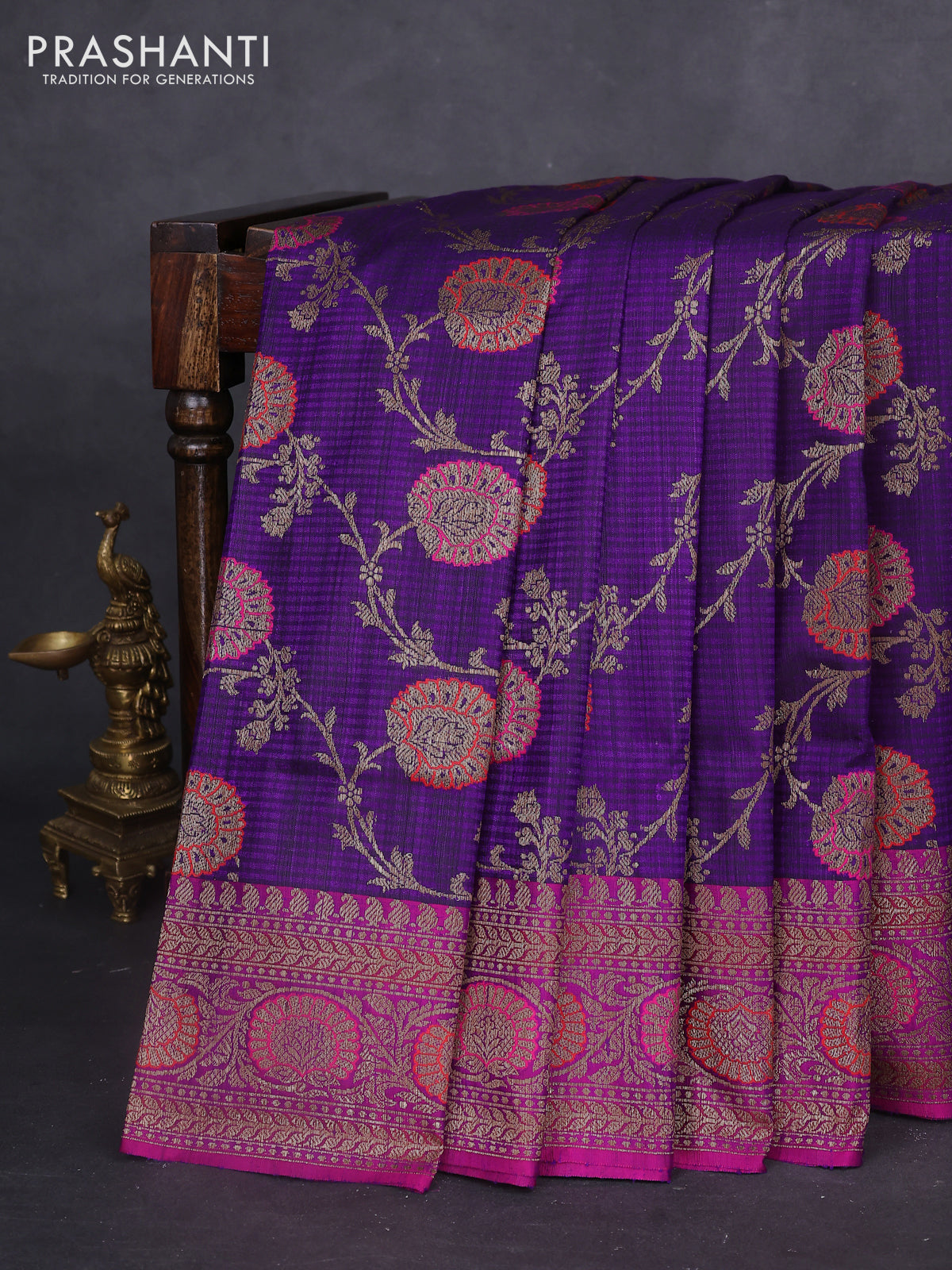 Banarasi dupion silk saree violet and purple with allover thread & zari floral weaves and woven border