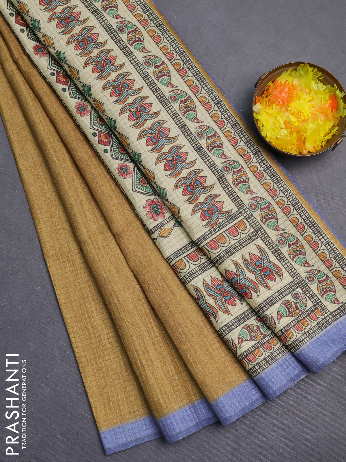 Chappa saree mustard yellow and blue with allover zari checked pattern and madhubani printed pallu