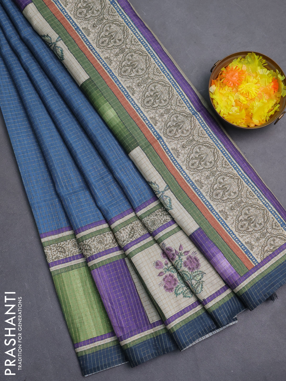 Chappa saree peacock blue with allover zari checked pattern and printed pallu