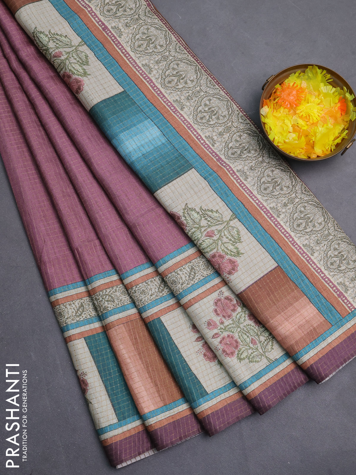 Chappa saree mauve pink with allover zari checked pattern and printed pallu