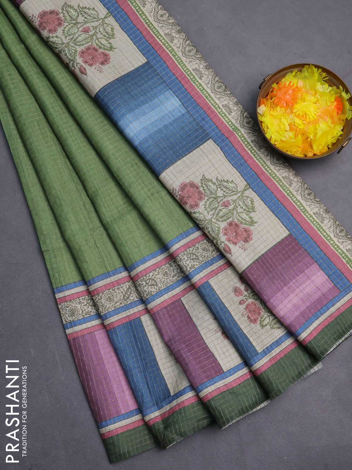 Chappa saree light green and sap green with allover zari checked pattern and printed pallu