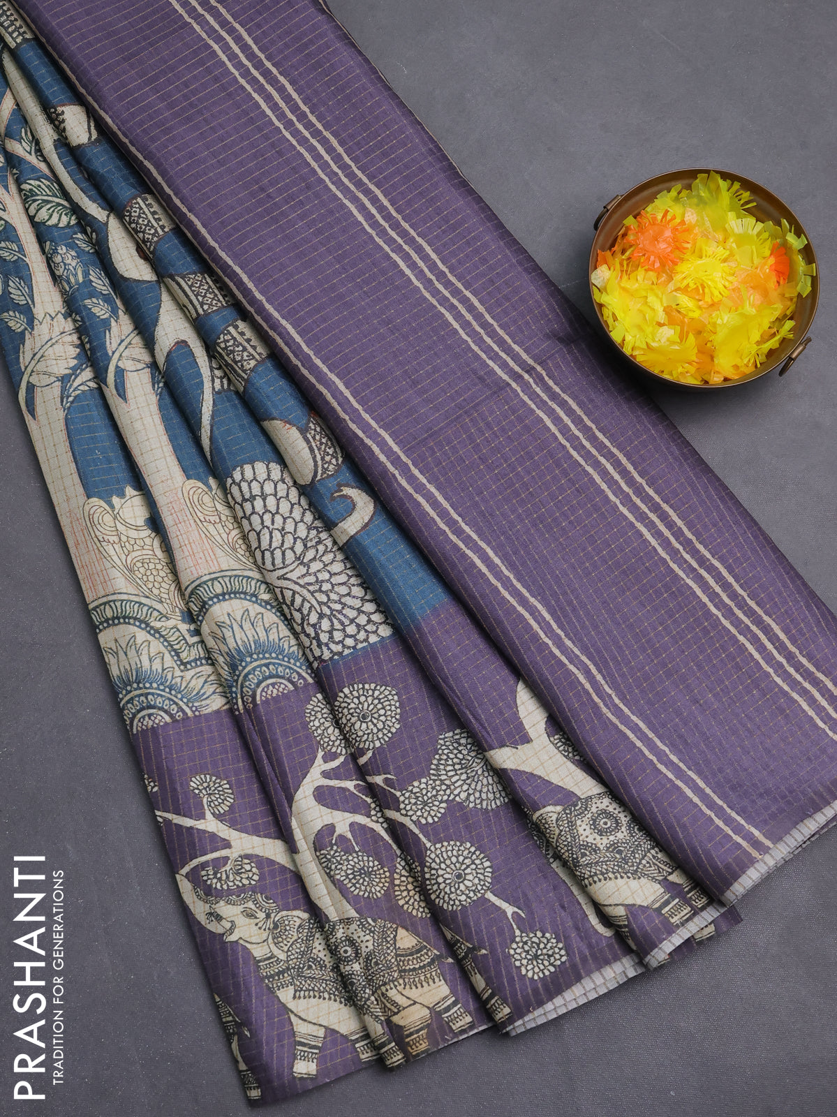 Chappa saree peacock blue and violet with allover zari checked pattern and printed pallu