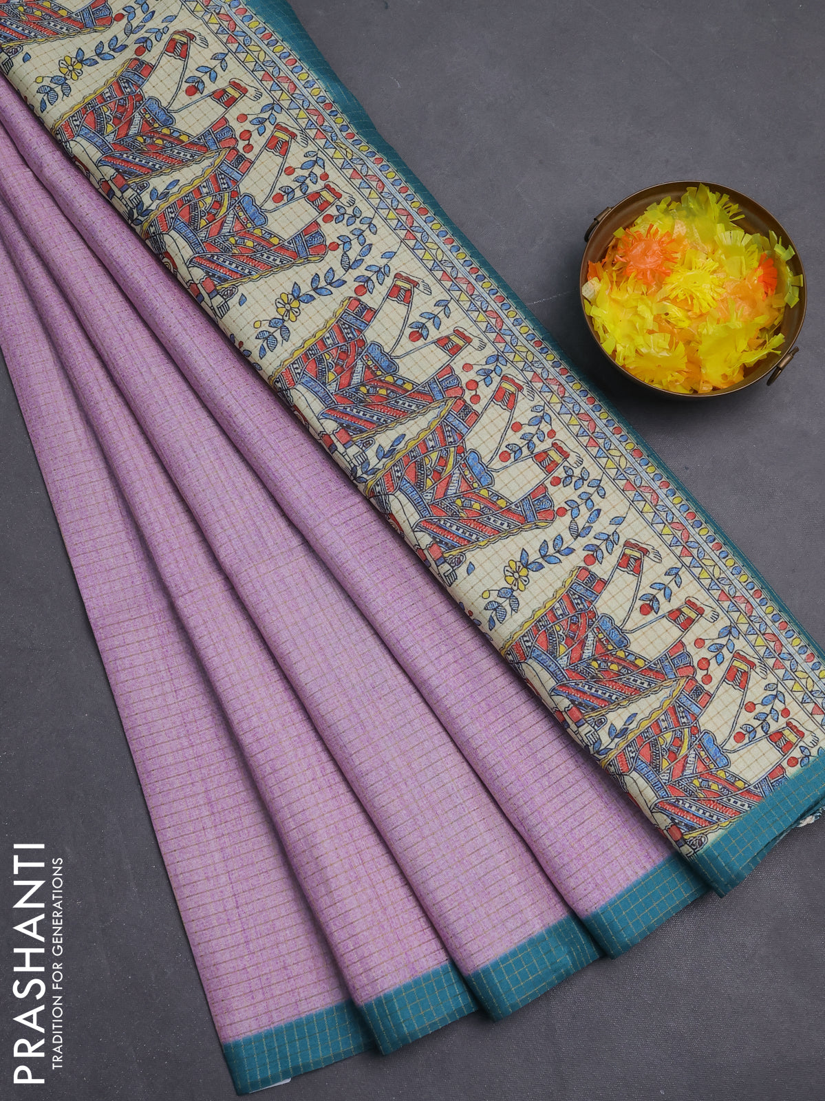 Chappa saree lavender and teal blue with allover zari checked pattern and madhubani printed pallu