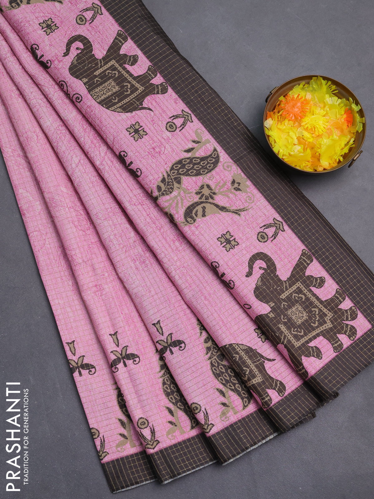 Chappa saree light pink and black with allover zari checked pattern and printed pallu