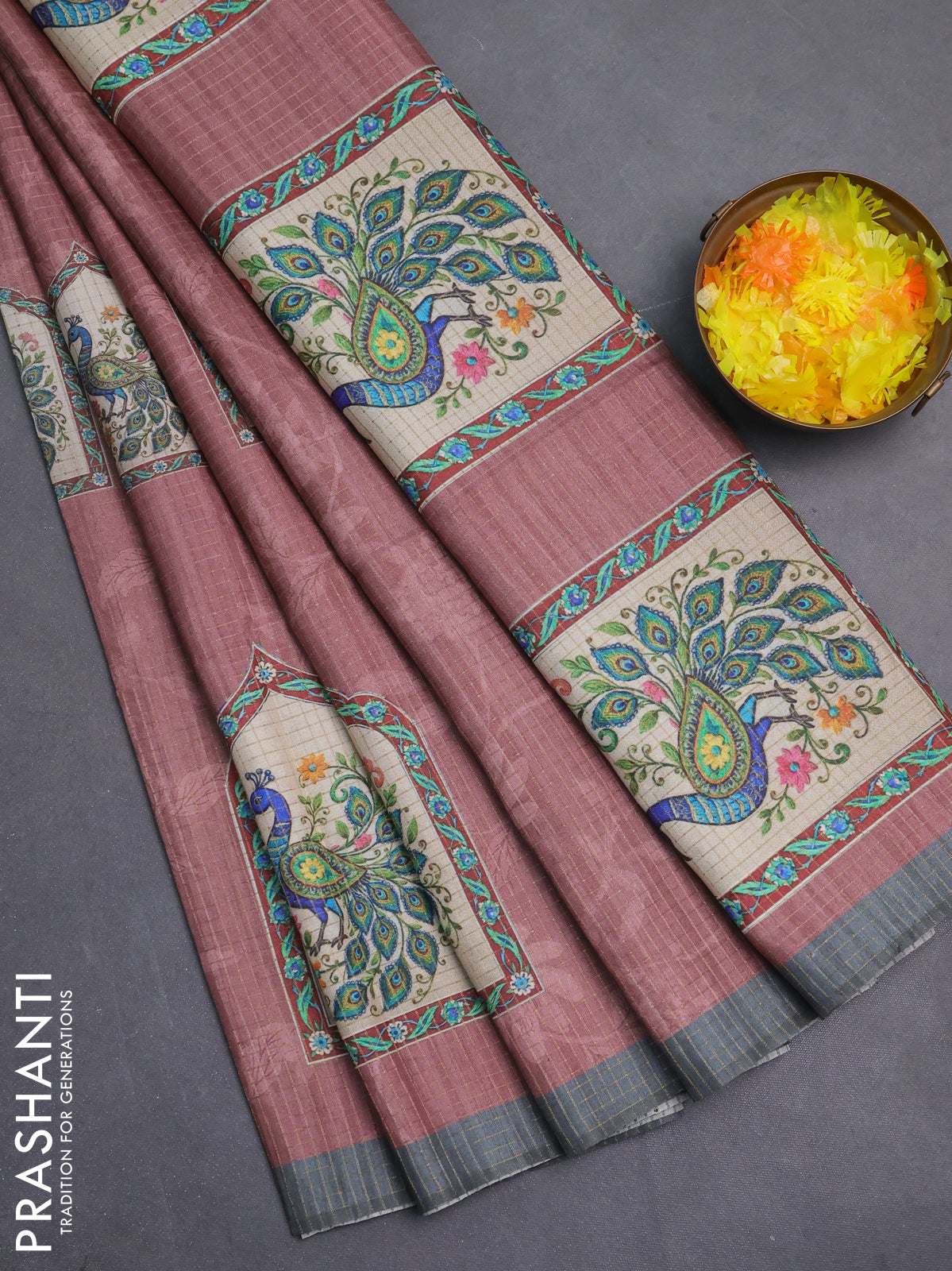 Chappa saree pastel brown and grey with allover zari checked pattern & digital prints and printed pallu