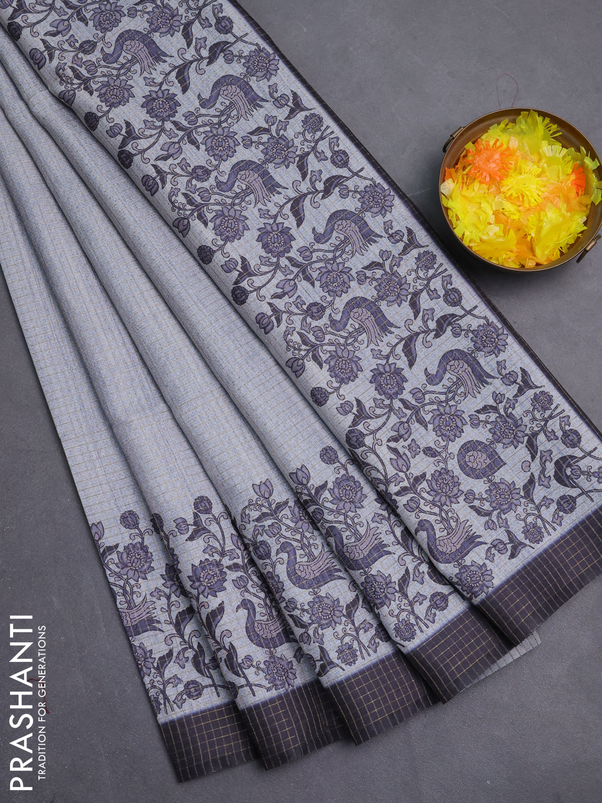 Chappa saree pastel grey and elephant grey with allover zari checked pattern and printed pallu