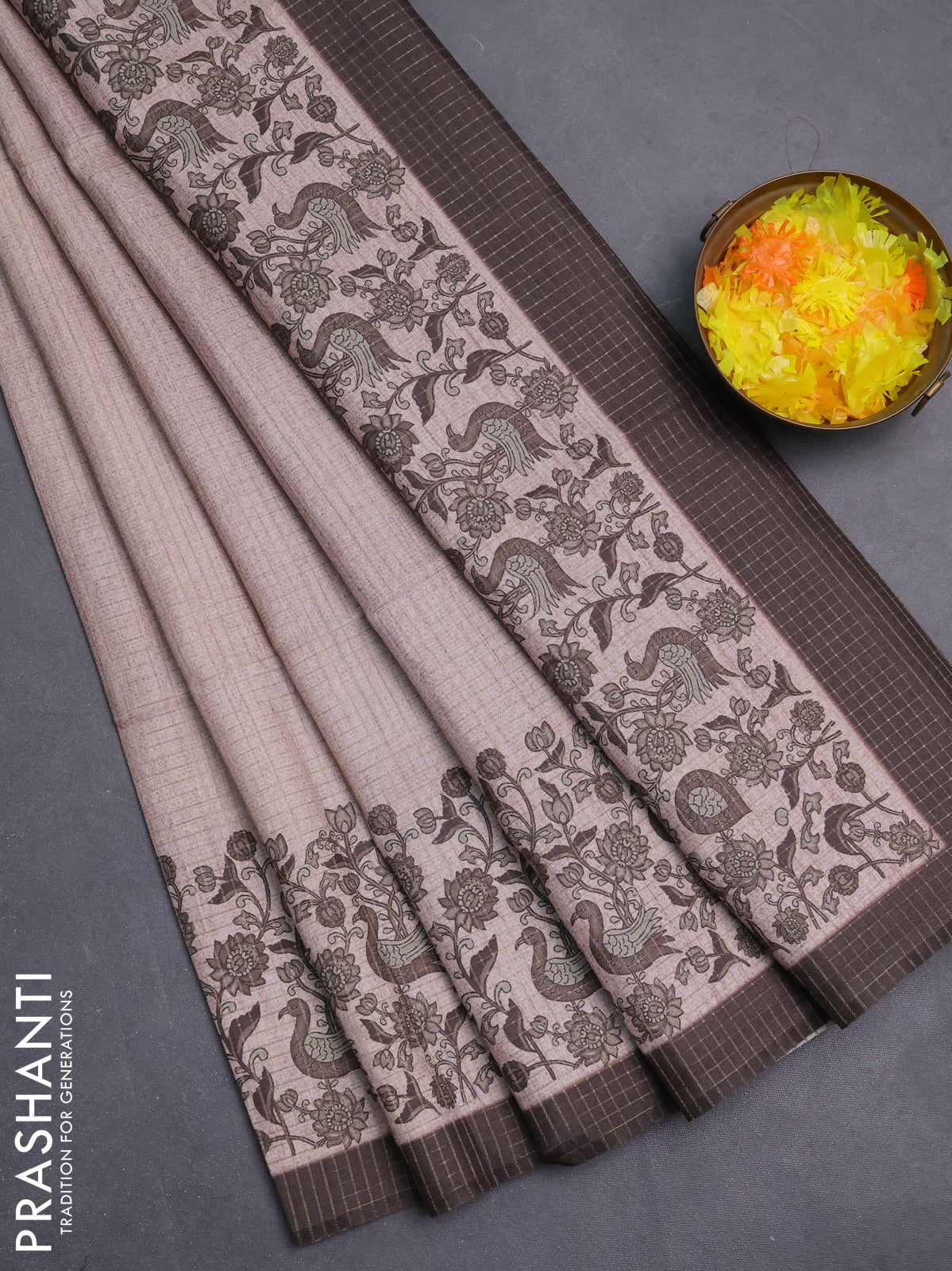 Chappa saree pastel brown and coffee brown with allover zari checked pattern and printed pallu