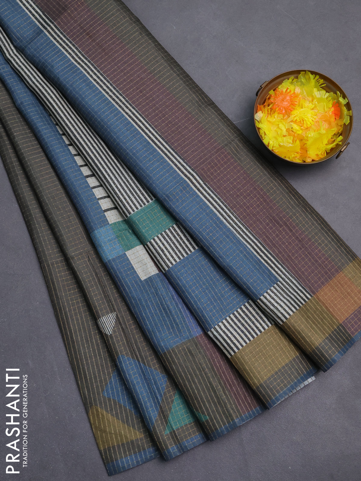 Chappa saree military green and peacock blue with allover zari checked pattern and long geometric printed border