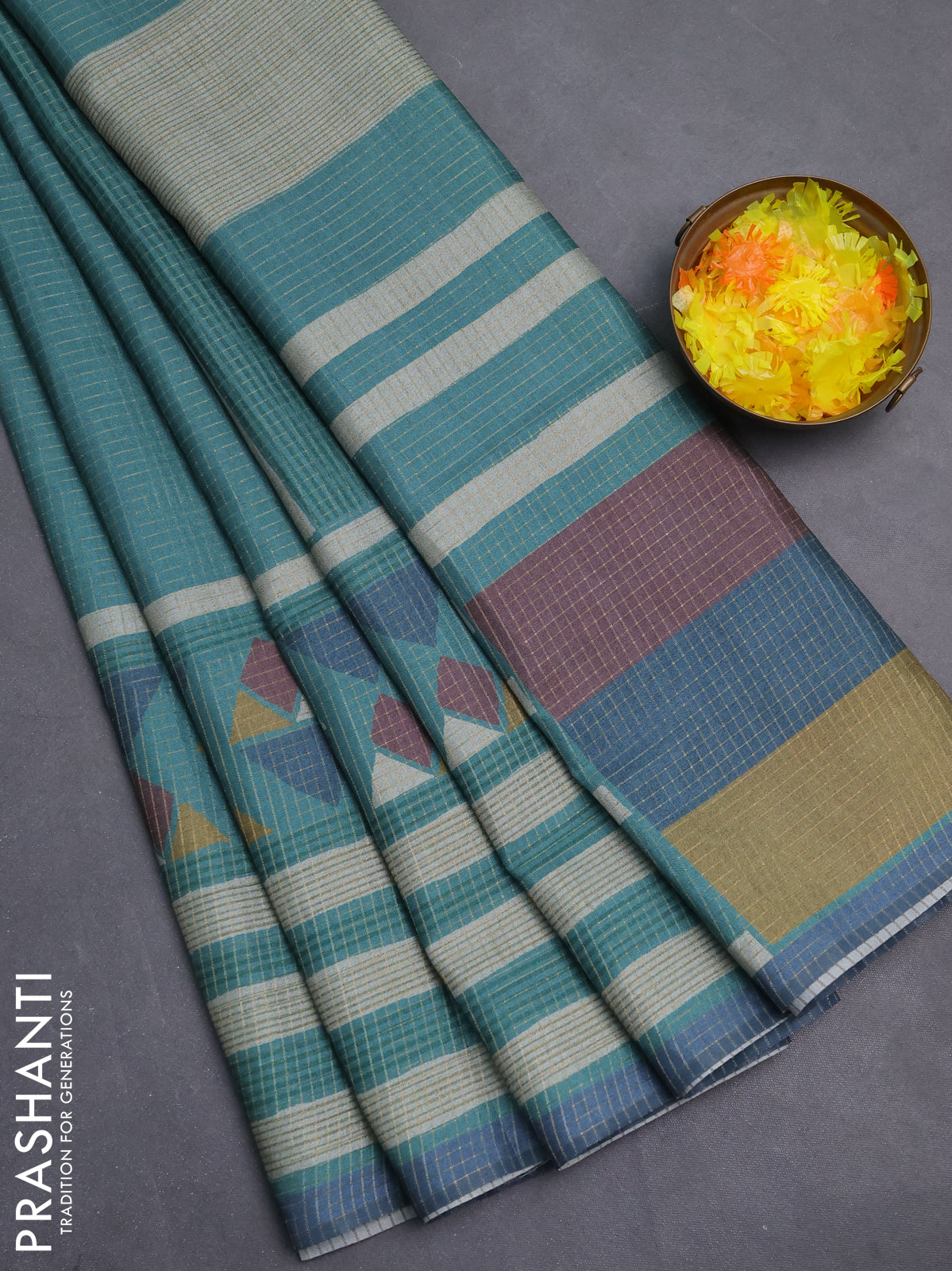 Chappa saree teal green and grey with allover zari checked pattern and long geometric printed border