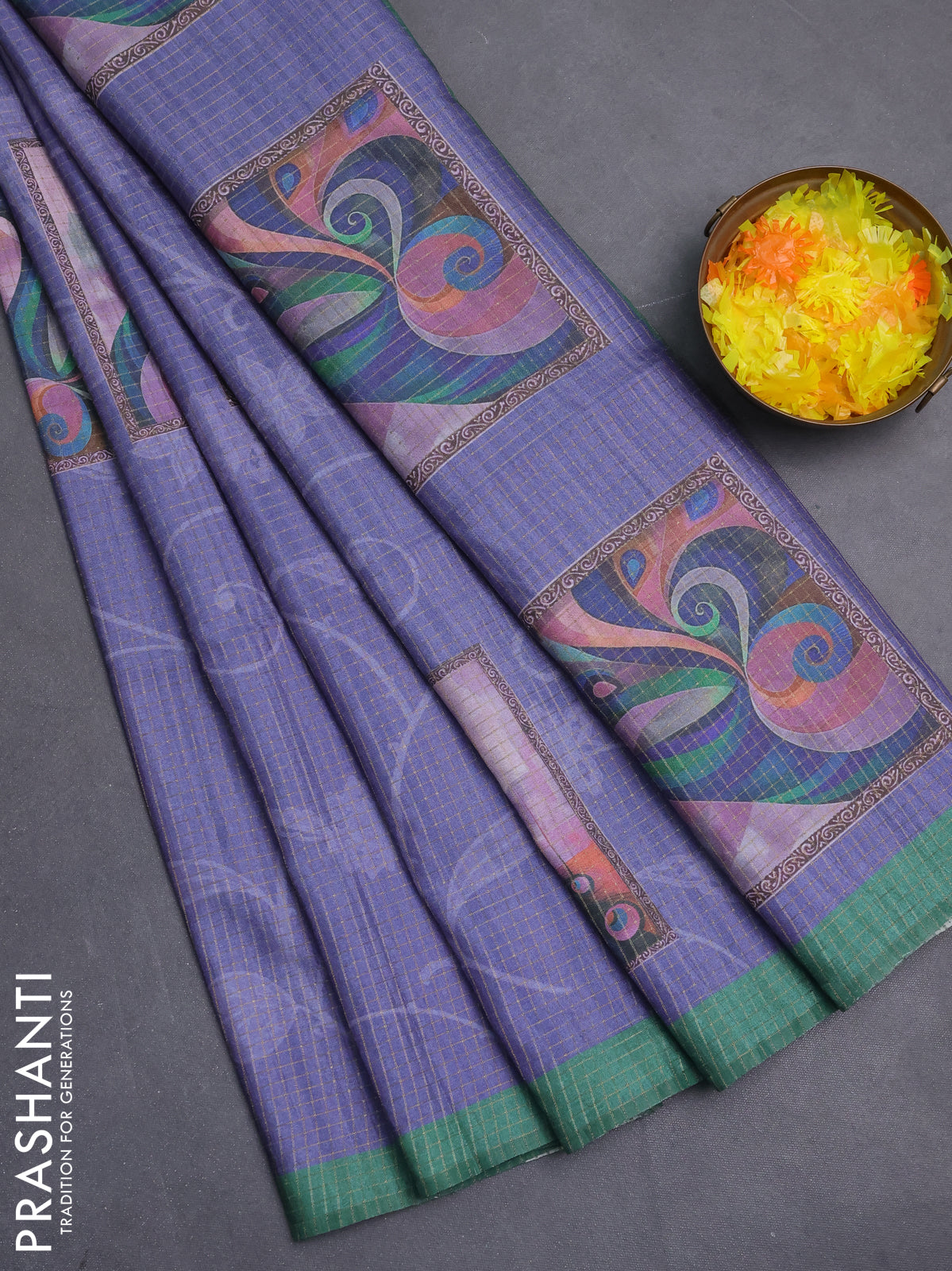 Chappa saree lavender and green with allover zari checked pattern & digital prints and printed pallu
