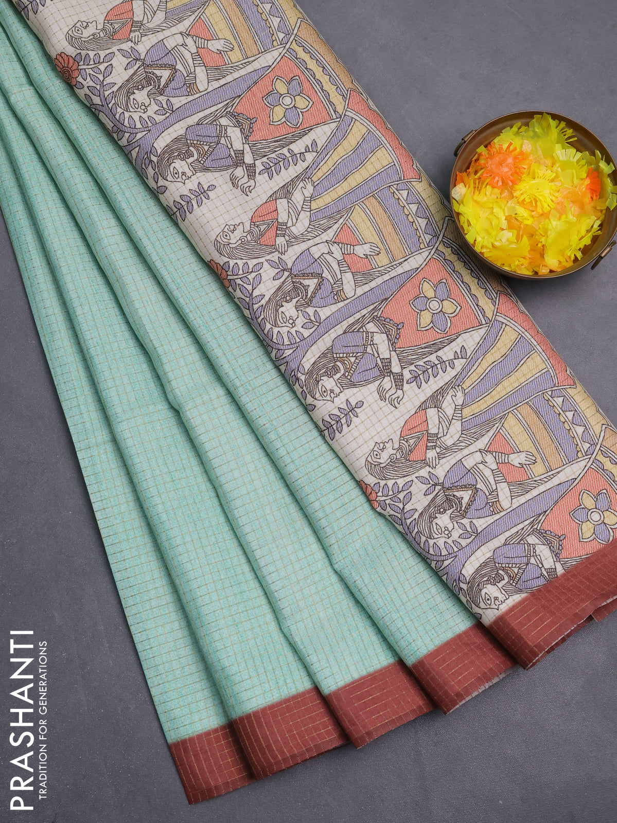 Chappa saree teal green and brown with allover zari checked pattern and madhubani printed pallu