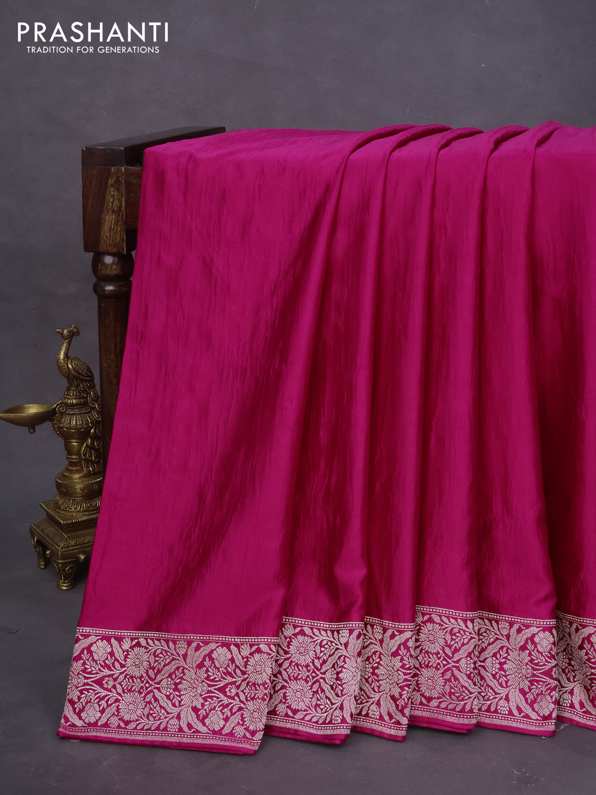 Banarasi crush crepe saree pink with plain body and zari woven floral border