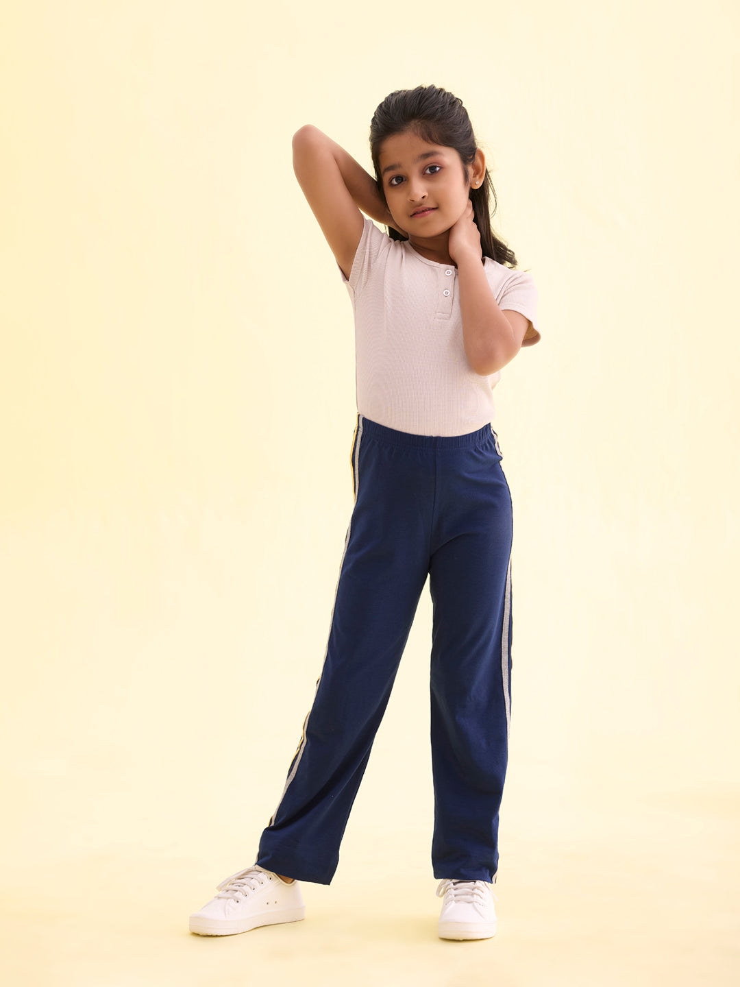 Girls Solid Navy Side Stripe Track Pants