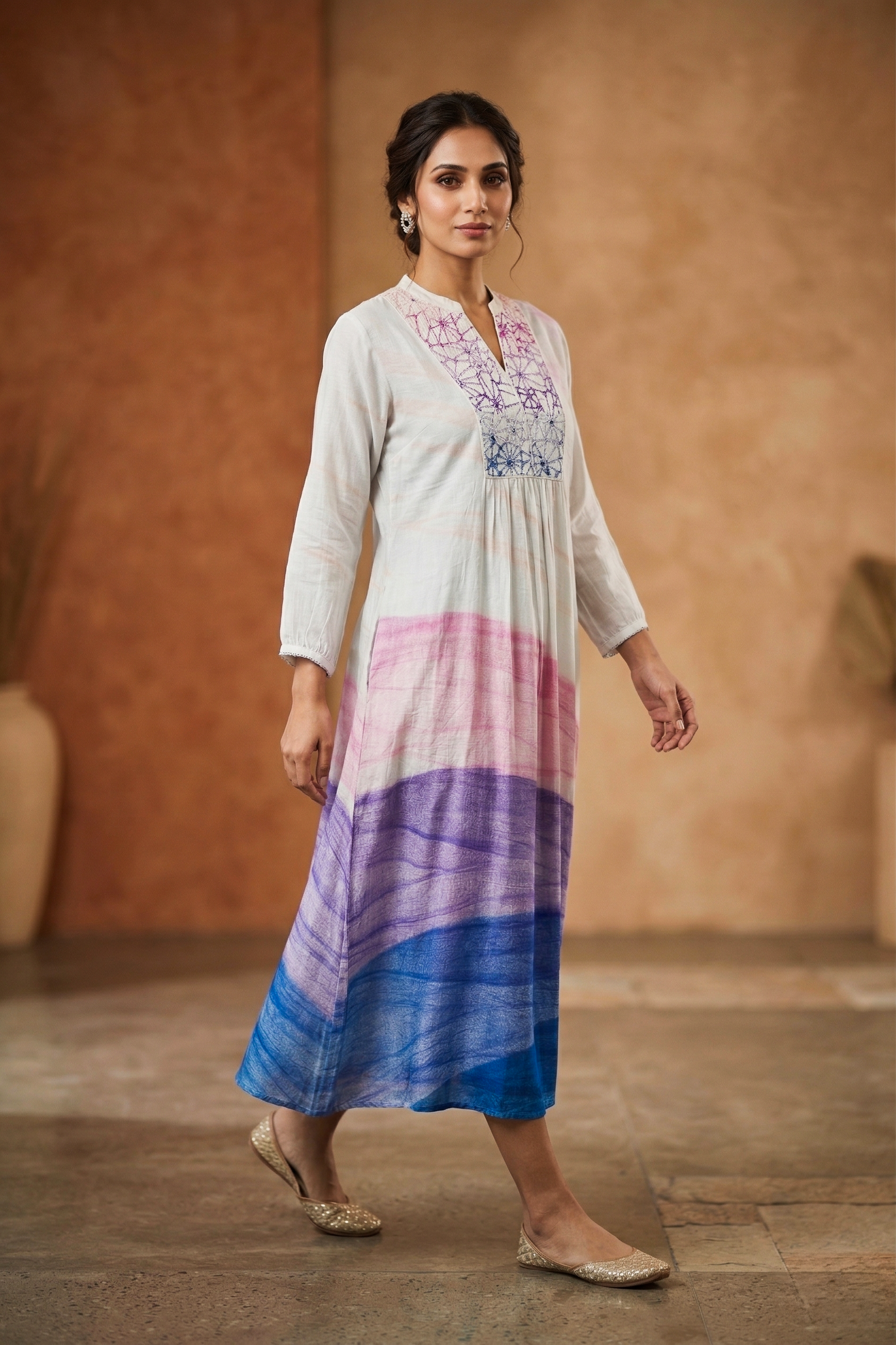 Off-White Abstract Printed Satin Silk Kurti
