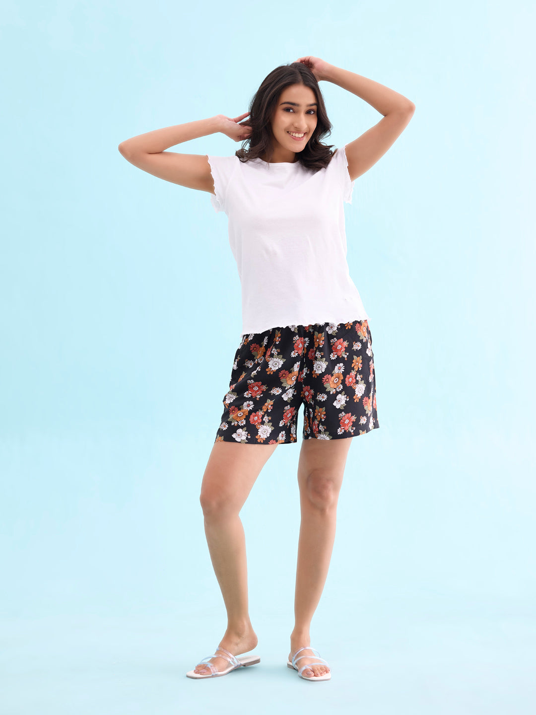 Women Printed Black Woven Viscose Mid Rise Lounge Shorts