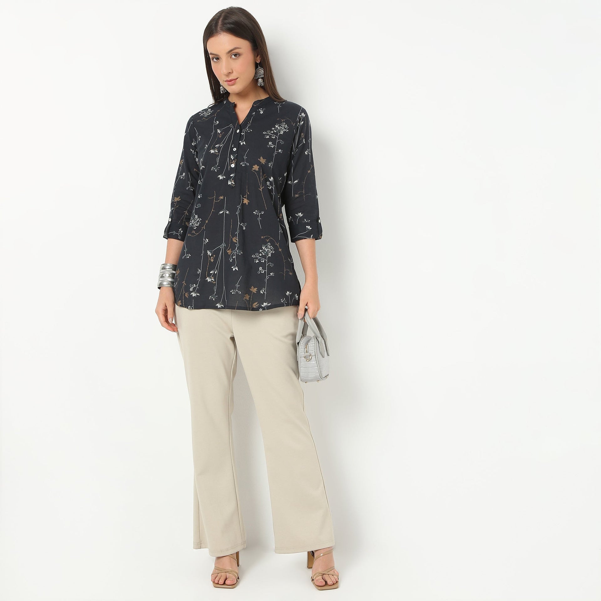 Band Neck Three-Fourth Sleeve Printed Straight Fit Short Kurta