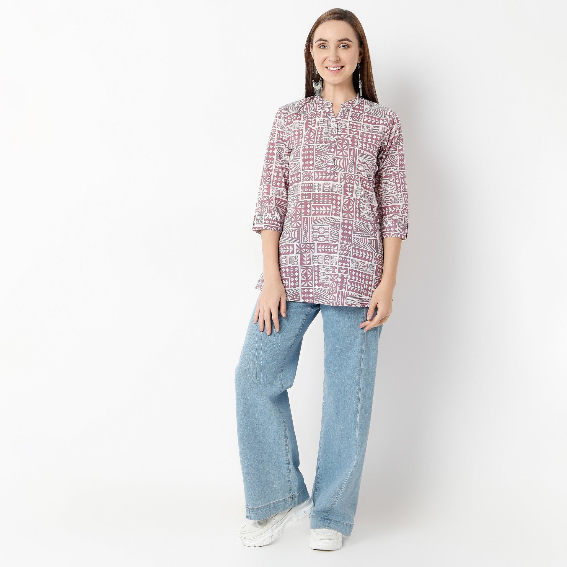 Band Neck Straight Fit Printed Short Kurta