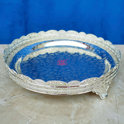 German Silver Tray, Puja Decorative Tray - Diameter 10 Inches.