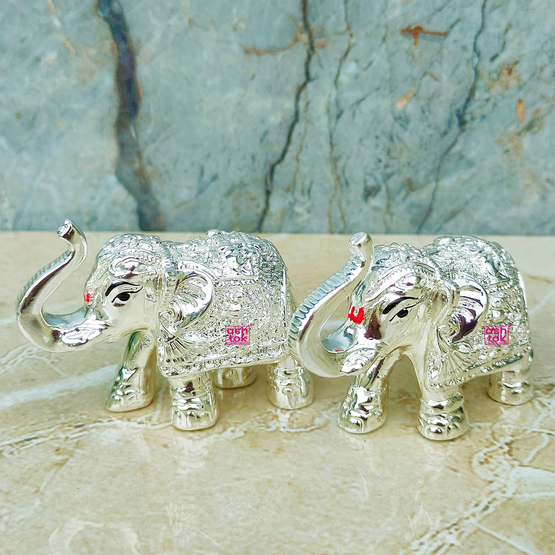 German Silver Elephant Idol Set, Showpiece for Home and Puja Room, Office Decor (Pack of 2 Pcs)