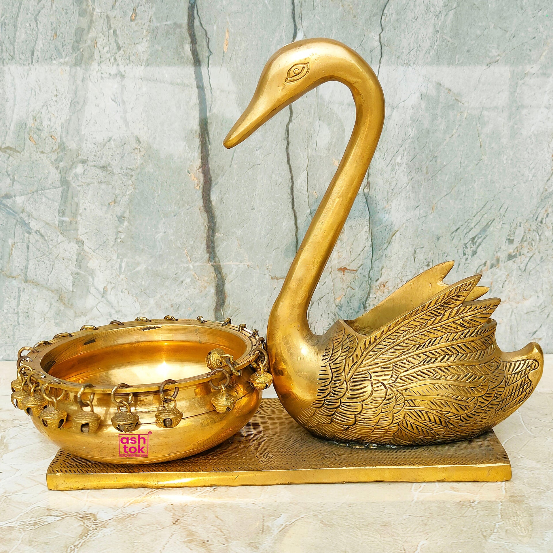 Traditional Brass Swan With Urli Decor Bowl, Handcrafted Decorative Urli Bowl