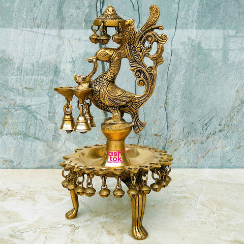 Brass Peacock Oil Diya With Legs, Decorative Mandir Diya, Antic Puja Diya, Traditional Oil Lamp