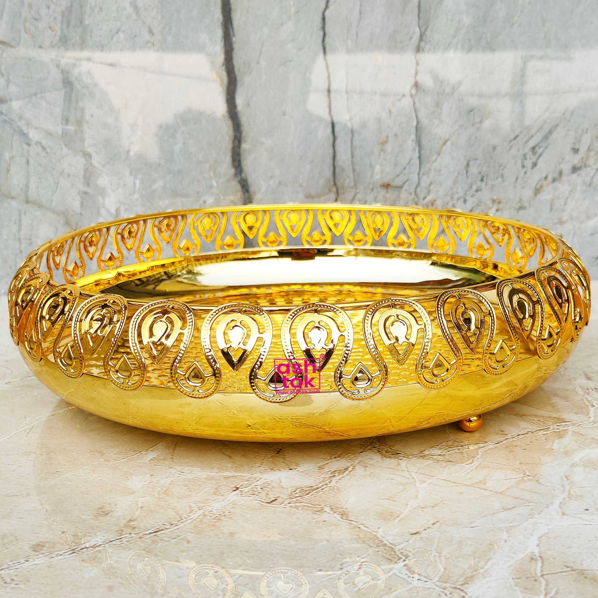 Gold Coated German Silver Round Tray, Serving Tray, Fancy Puja