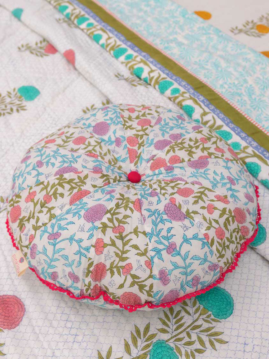 Spring Time Block Printed Cotton Pinwheel Cushion With Filler - 16 Inch