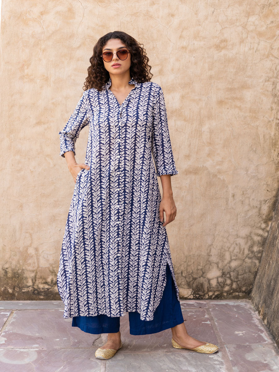 Blue Fern Cotton Long Kurta