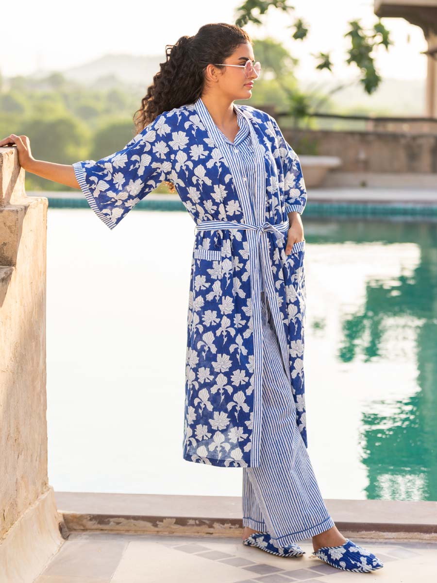 Blue Winter Block Printed Cotton Kimono/Robe