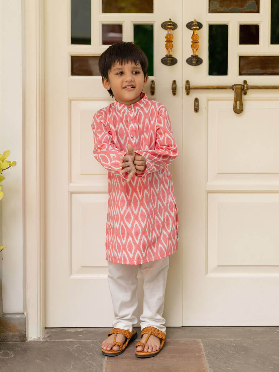 Pink Ikat Organic Cotton Block Printed Long Kurta