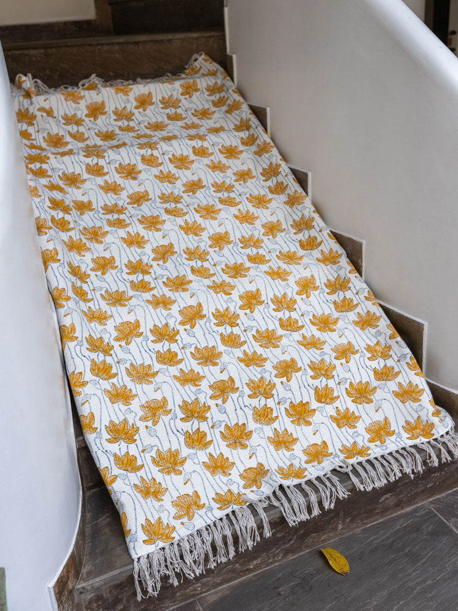 Mustard Lotus Block Printed Cotton Dhurrie Rug