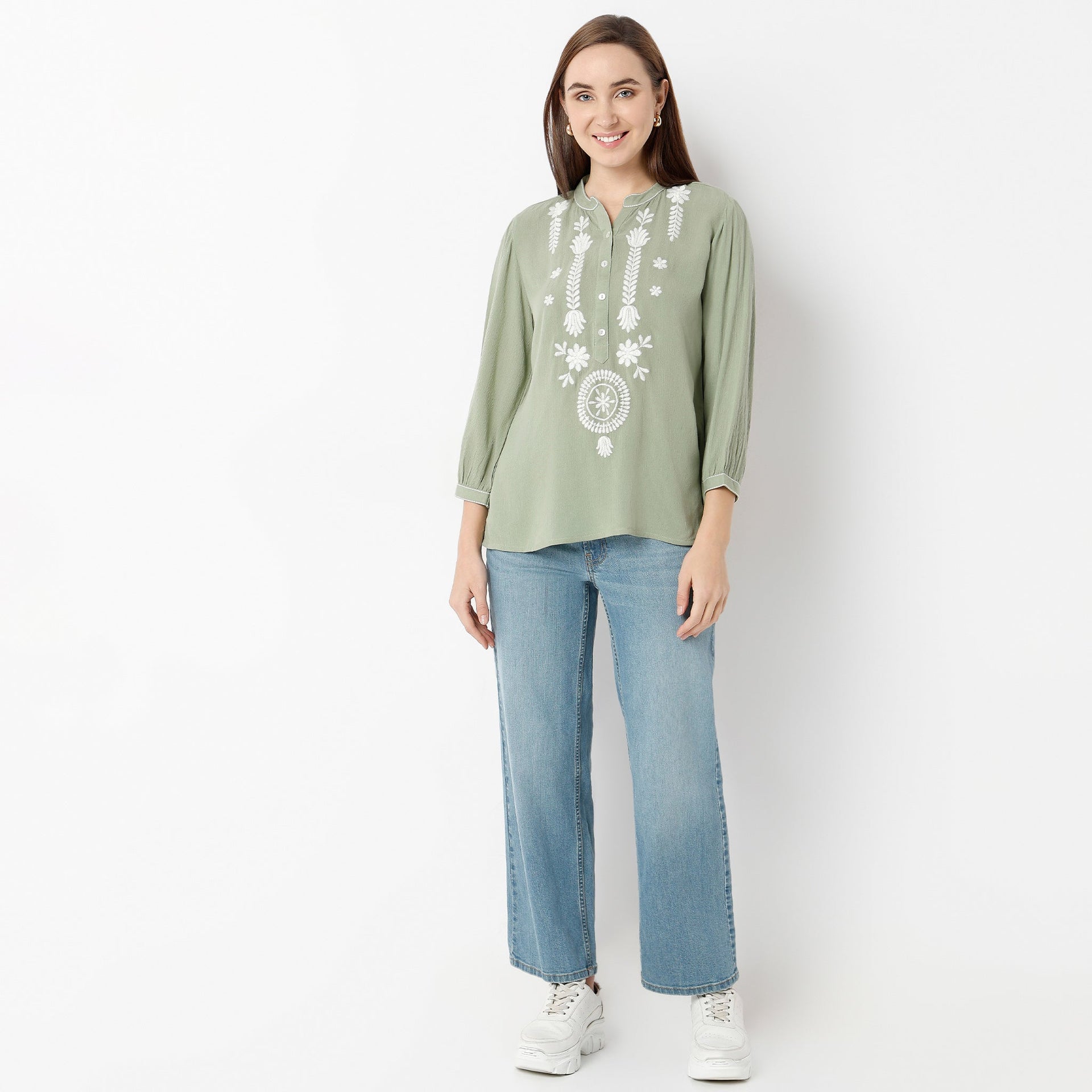 Band Neck Three-Fourth Sleeve Straight Fit Embroidered Tunic