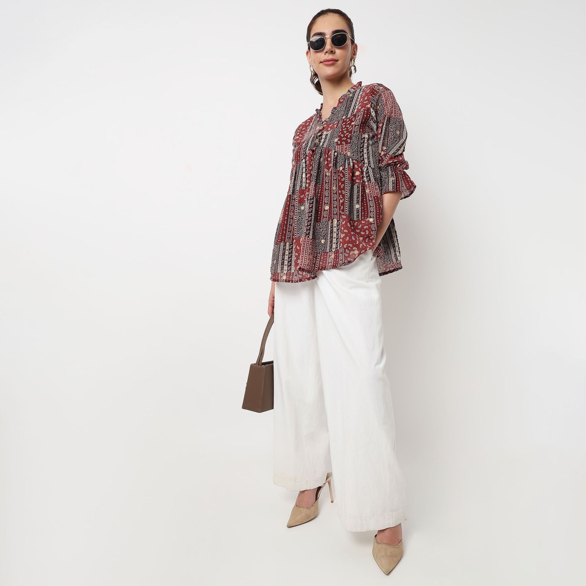 Button Down W Cut Ruffle Neckline Top