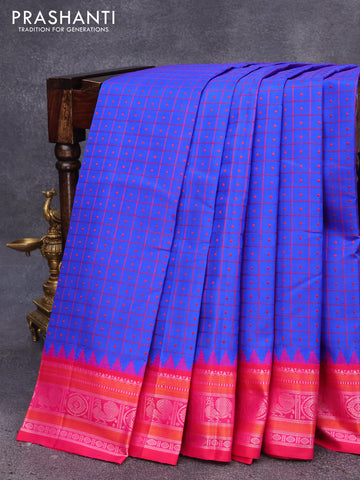 Pure kanjivaram silk saree royal blue and pink with allover thread checks & buttas and temple design thread woven border