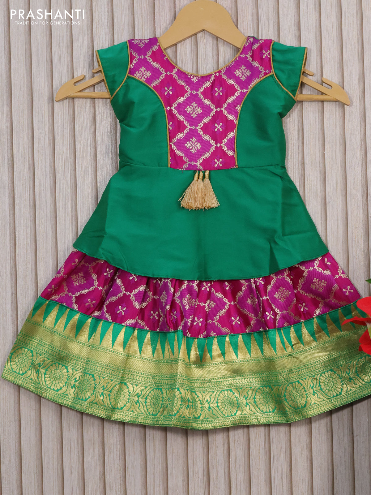 Banarasi kids lehenga green and magenta pink with patch work neck pattern and thread and zari weaves & zari border for 0-6 months