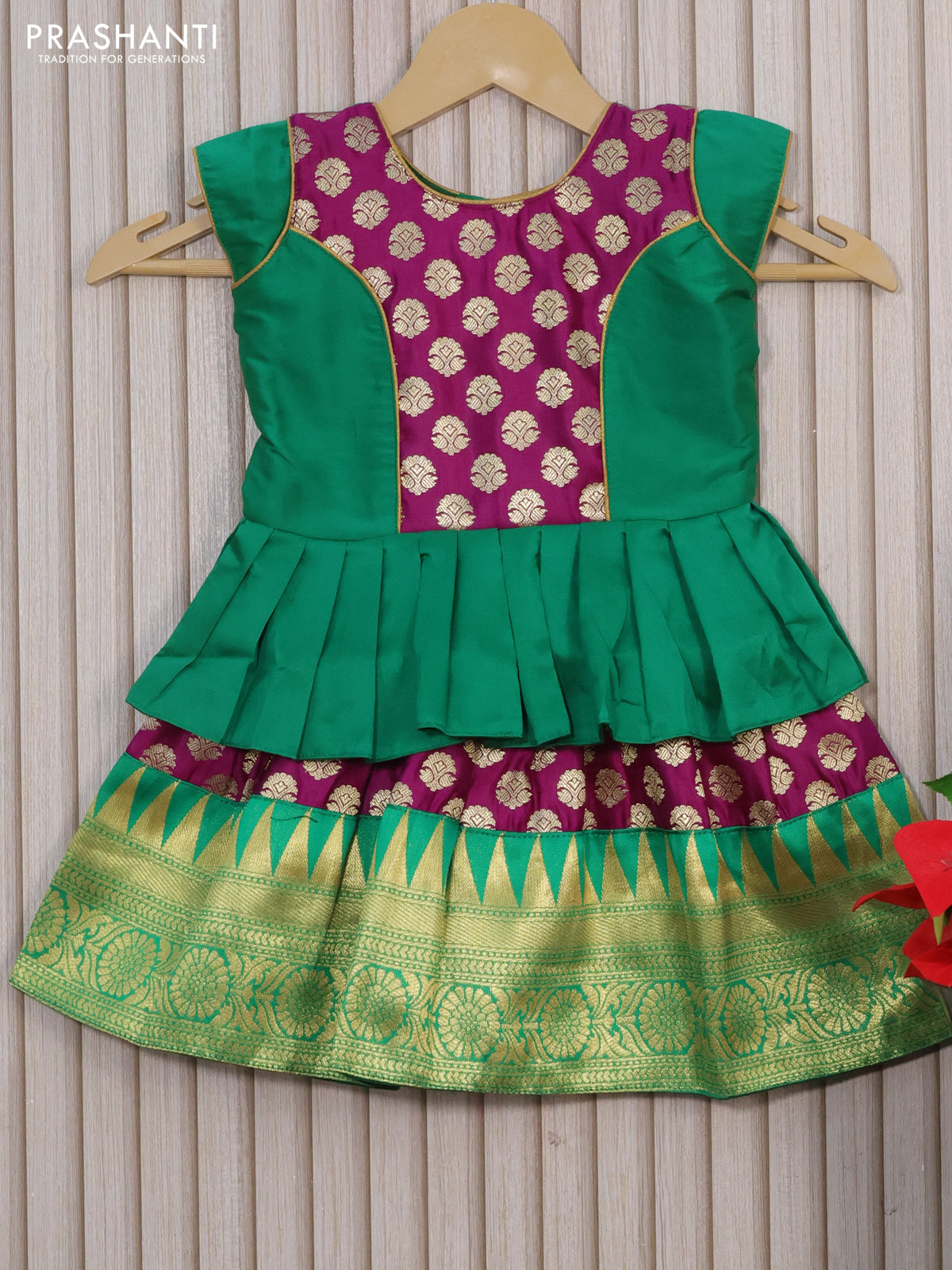 Banarasi kids lehenga green and purple with patch work neck pattern and zari woven buttas & zari border for 0-6 months