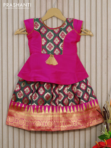 Banarasi kids lehenga pink and peacock green with patch work neck pattern and thread and zari buttas & temple zari border for 1 year