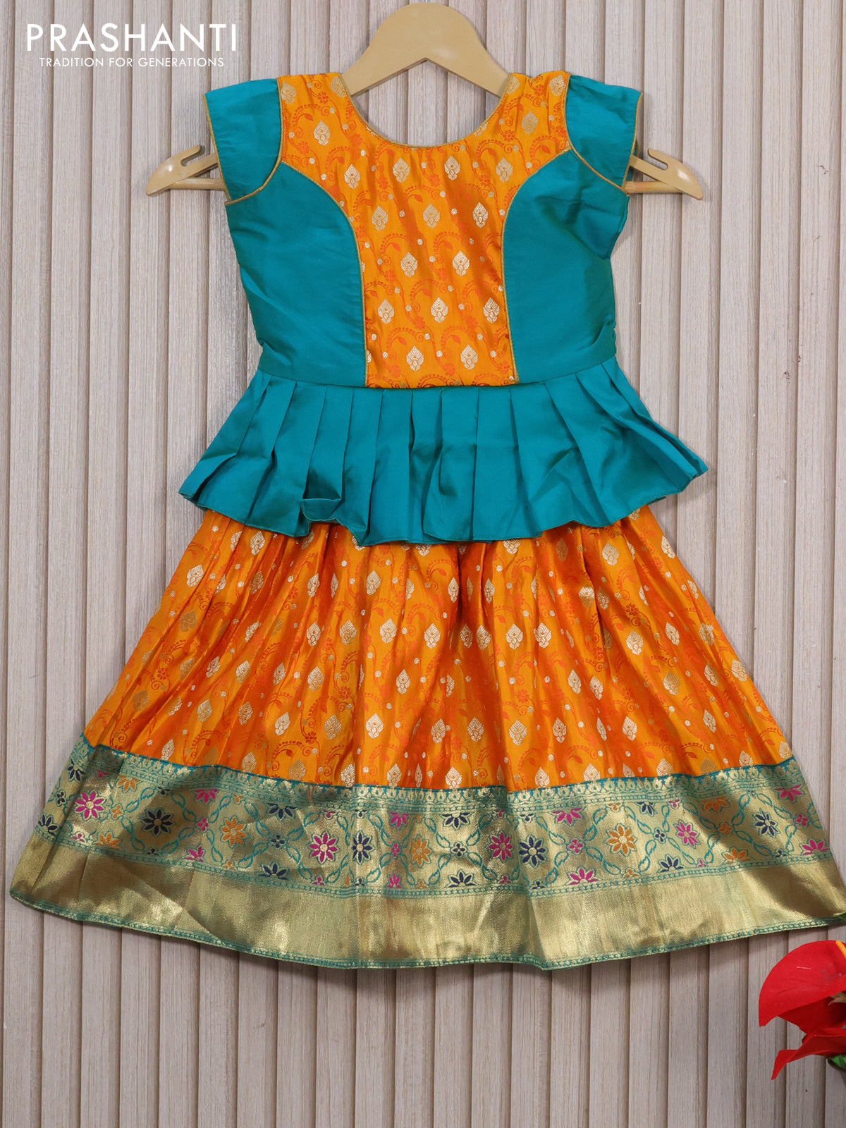 Banarasi kids lehenga teal green and mango yellow with patch work neck pattern and zari weaves & zari border for 2 years