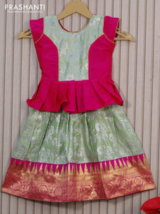 Banarasi kids lehenga pink and pista green with patch work neck pattern and silver zari weaves & temple zari border for 2 years