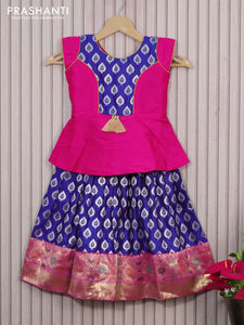 Banarasi kids lehenga pink and blue with patch work neck pattern and silver zari woven buttas & zari border for 3 years