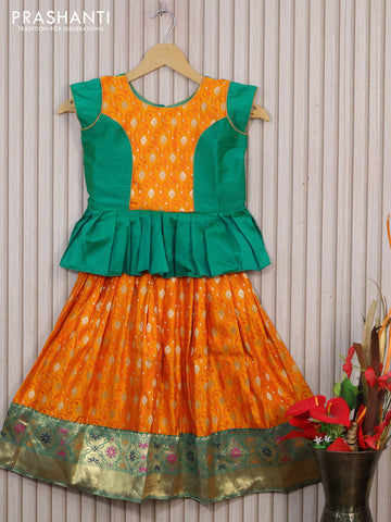 Banarasi kids lehenga teal green and mango yellow with patch work neck pattern and thread and zari weaves & zari border for 4 years