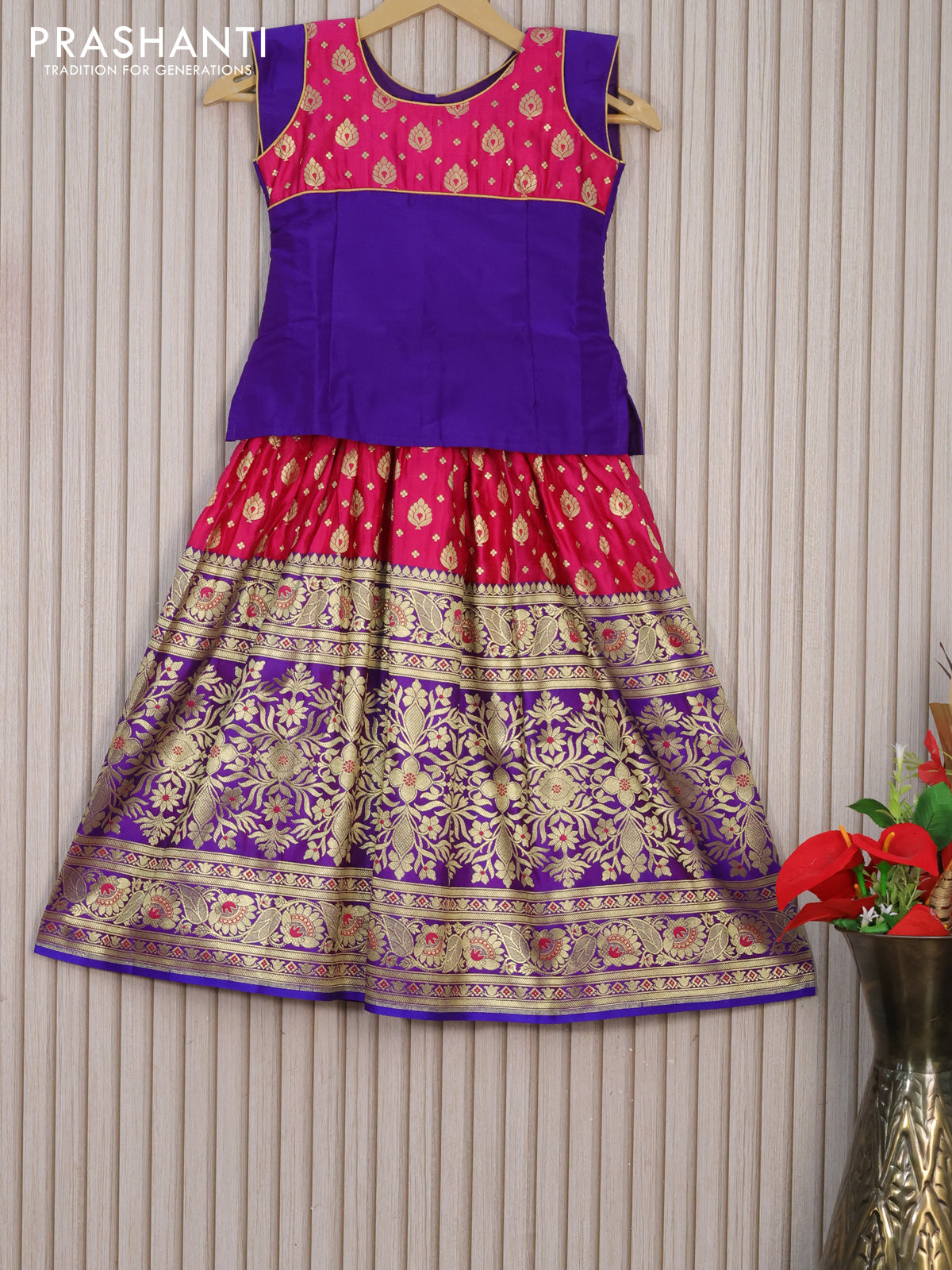 Banarasi kids lehenga violet shade and pink with patch work neck pattern and zari woven buttas & long floral zari border for 6 years