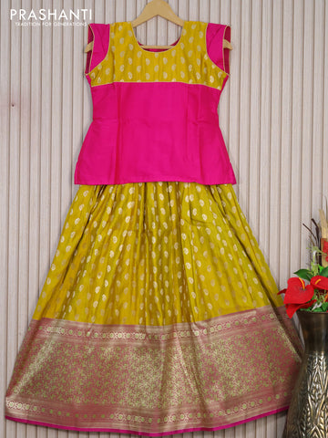 Banarasi kids lehenga pink and lime yellow with patch work neck pattern and zari woven buttas & long zari border for 10 years