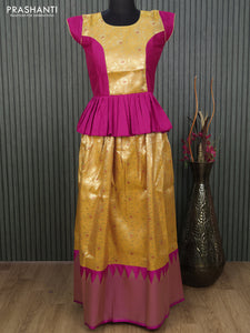 Banarasi kids lehenga pink and mango yellow with patch work neck pattern and zari weaves & long zari border for 13 years