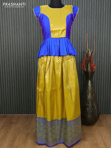 Banarasi kids lehenga blue and yellow with patch work neck pattern and zari woven buttas & long zari border for 13 years