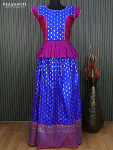 Banarasi kids lehenga purple and blue with patch work neck pattern and silver zari weaves & long silver zari border for 16 years