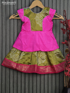 Banarasi kids lehenga pink and mehendi green with patch work neck pattern and bandhani prints & zari border for 0-6 months