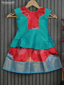 Banarasi kids lehenga teal blue and red with patch work neck pattern and bandhani prints & zari border for 0-6 months