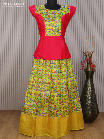 Banarasi kids lehenga pink and yellow with patch work neck pattern and kalamkari prints & banarasi style border for 15 years